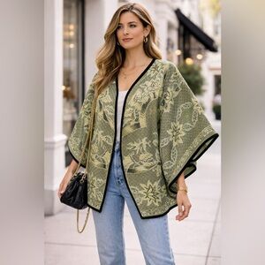 🧵 HANDMADE Green Floral Brocade Kimono Jacket with Velvet Trim O/S